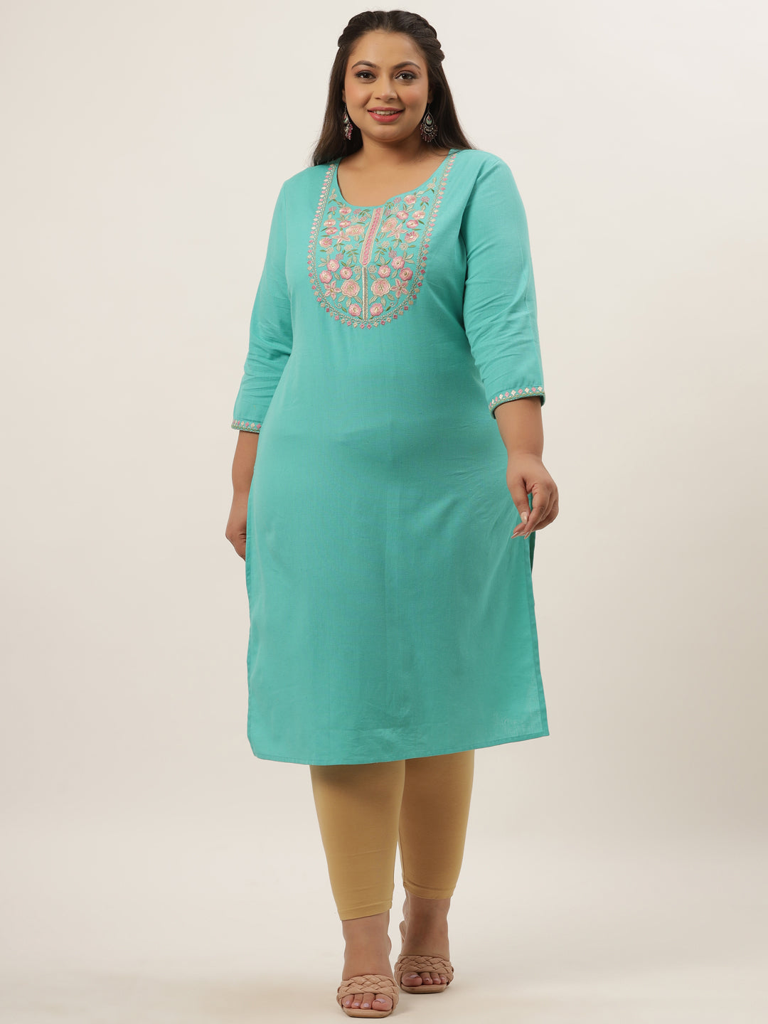 Women's Turquoise Blue Solid Cotton Flex Aari Work Kurta - Yufta