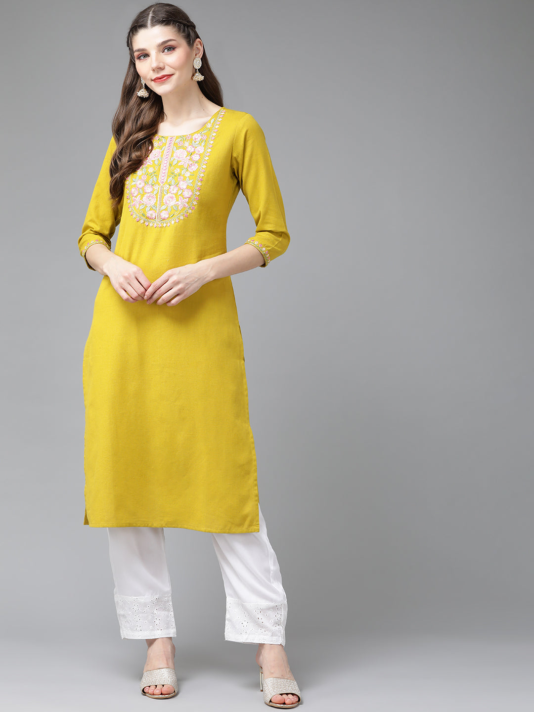 Women's Mustred Yellow Yoke Design Thread Work Kurta - Yufta