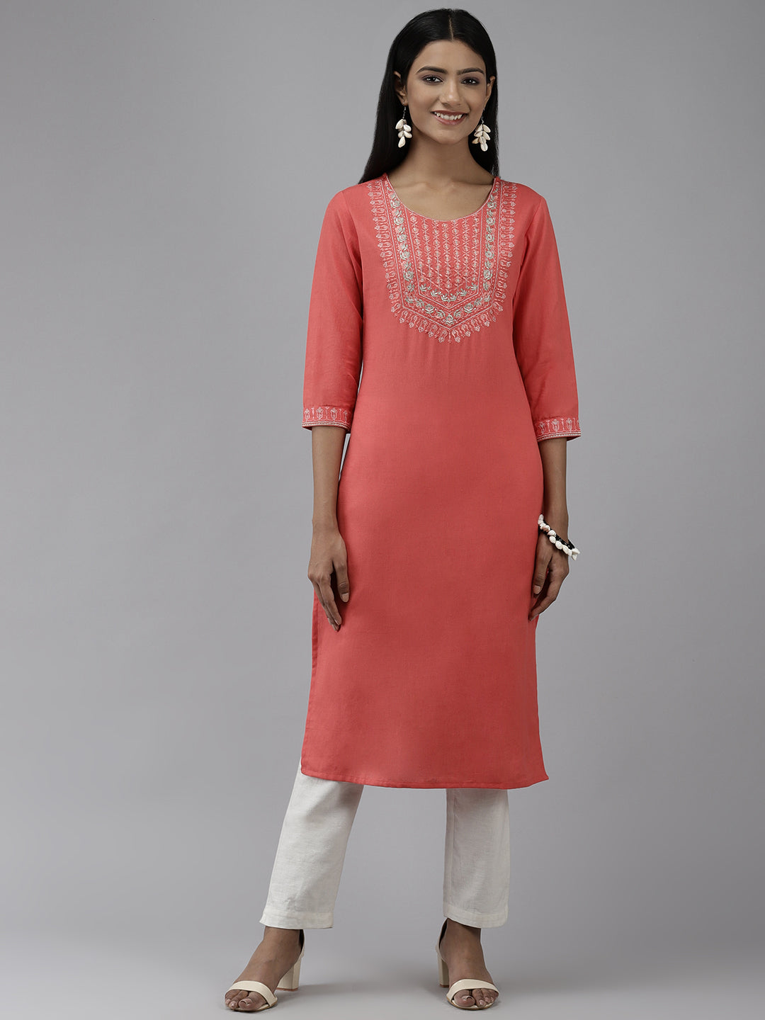 Women's Orange Yoke Design Thread Work Cotton Pastels Kurta - Yufta