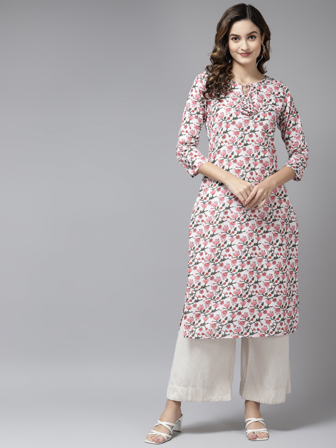 Women's Off White & Pink Pure Cotton Floral Print Kurta - Yufta