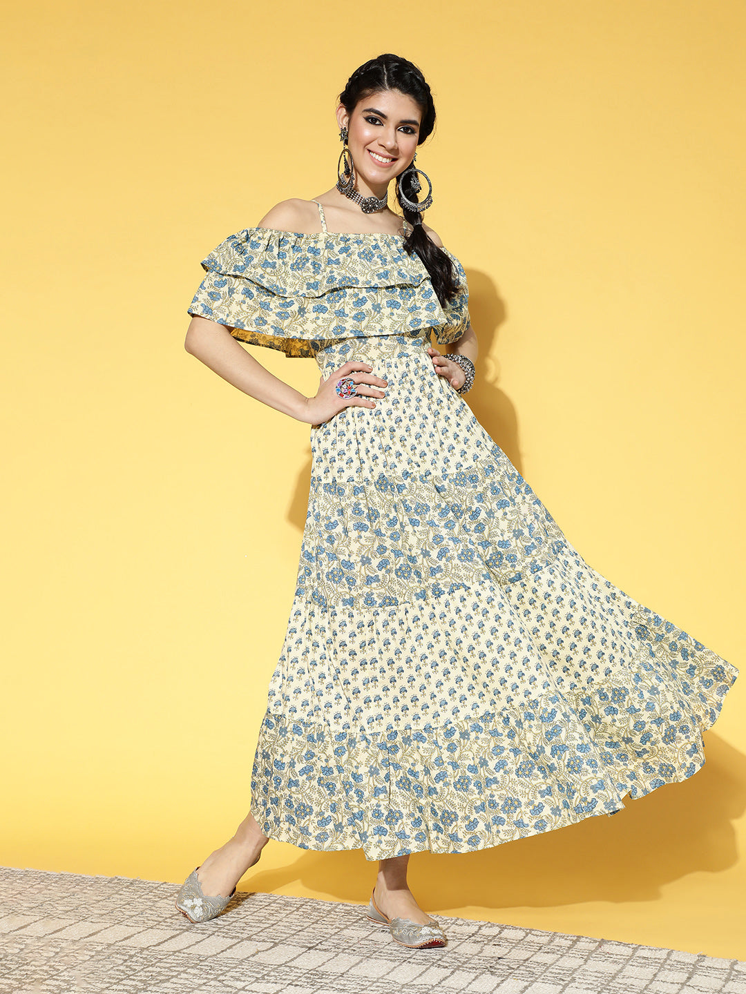 Women's Beige & Blue Ethnic Motifs Printed Off-Shoulder Pure Cotton Tiered Maxi Dress - Yufta