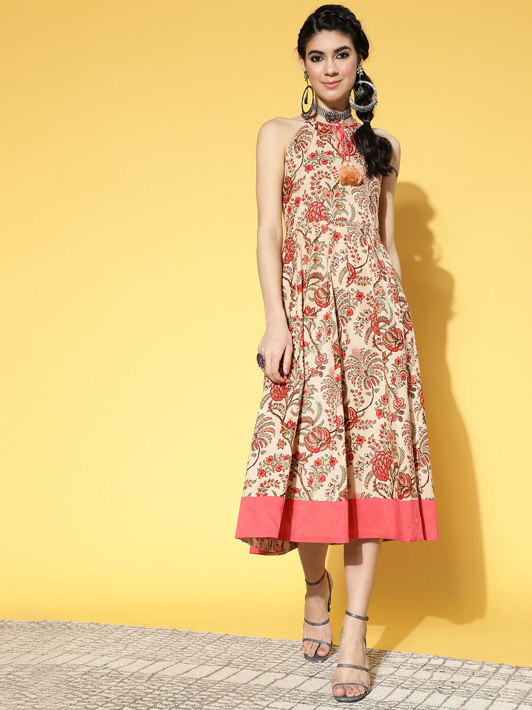 Women's Beige & Pink Mugal Floral Jaal Printed Pure Cotton Fit & Flare Dress - Yufta