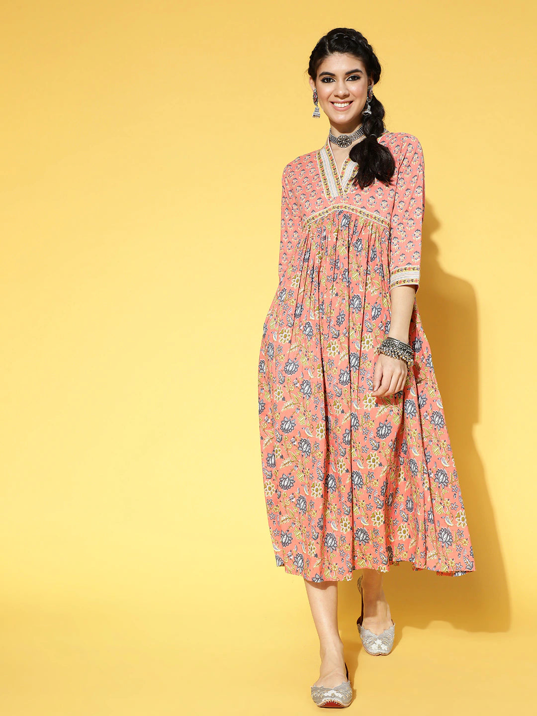 Women's Peach-Coloured Floral Pure Cotton A-Line Maxi Dress - Yufta