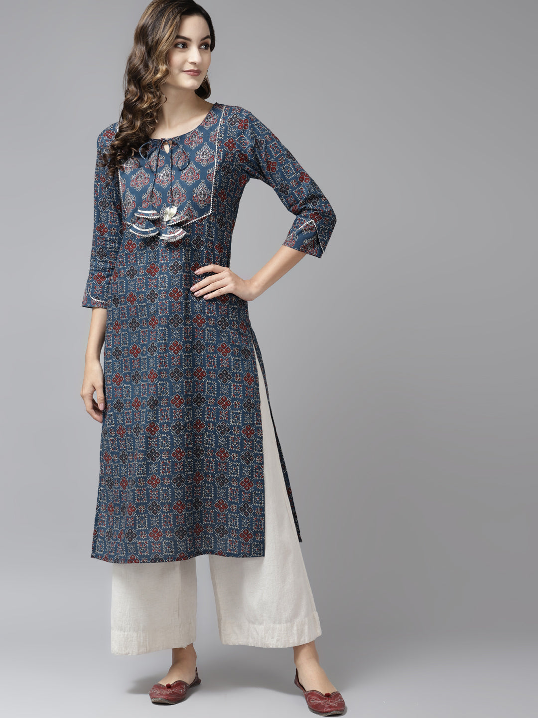 Women's Blue & Maroon Pure Cotton Printed Kurt - Yufta