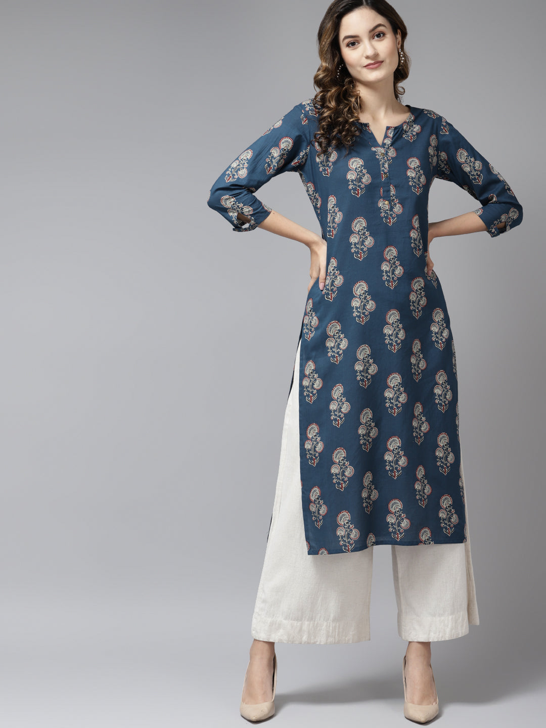 Women's Blue Pure Cotton Ethnic Motifs Print Kurta - Yufta