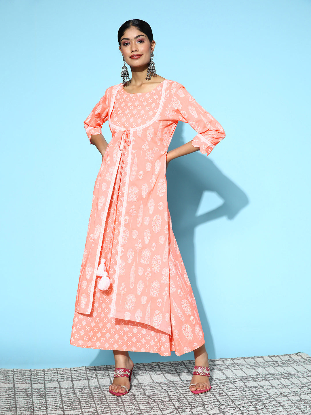 Women's Peach Printed Cotton A Line Dress With Attached Shrug - Yufta