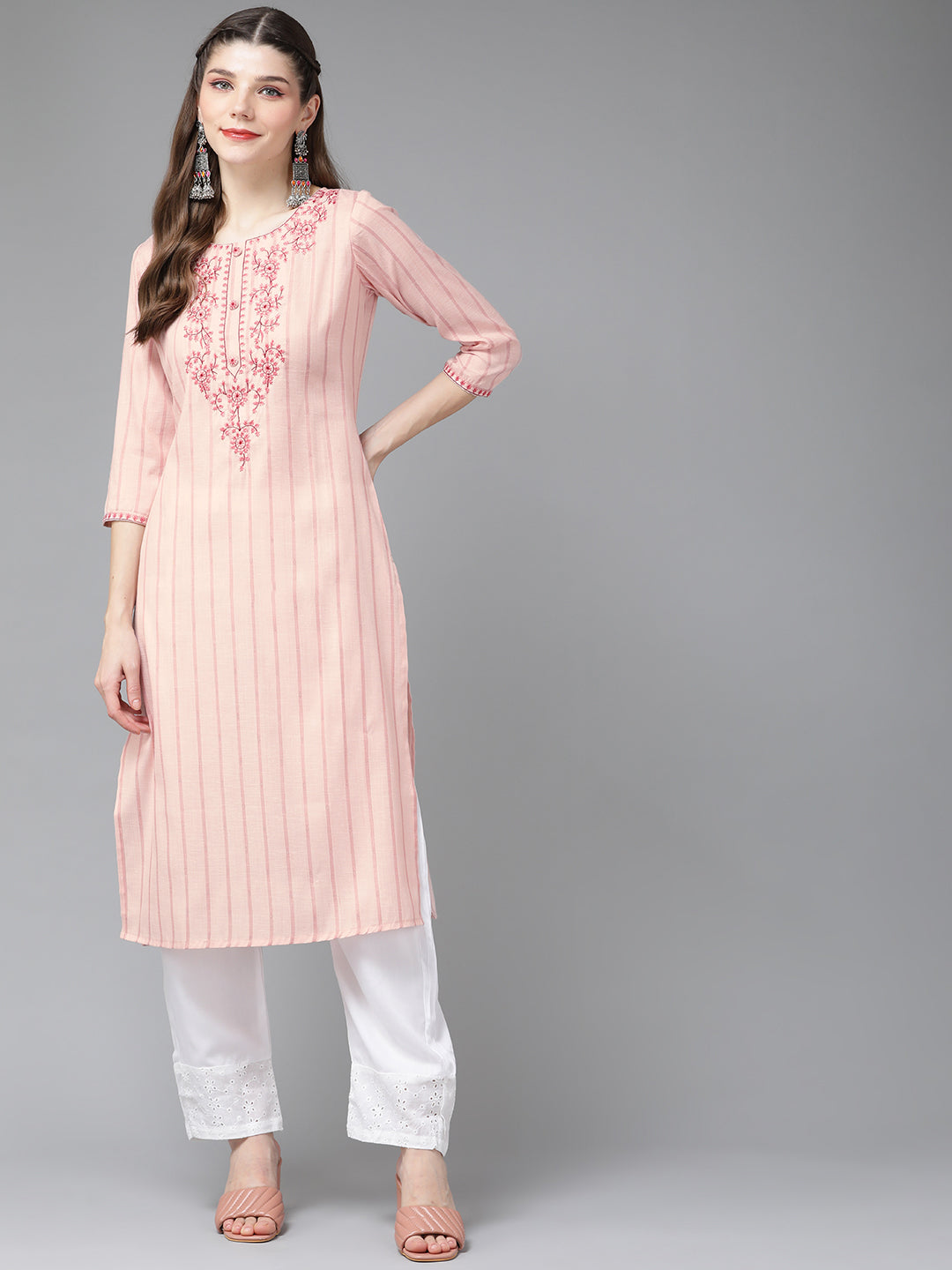 Women's Peach-Coloured Yoke Design Thread Work Kurta - Yufta