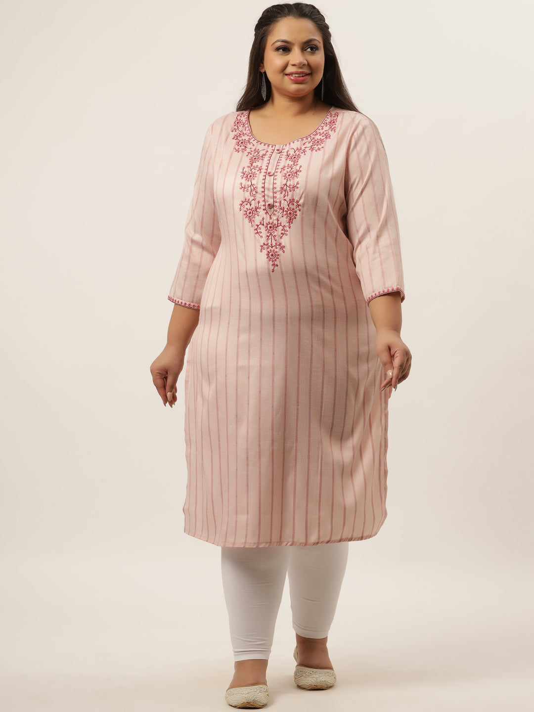 Women's Peach Embroidered Yarn Dyed Kurta - Yufta