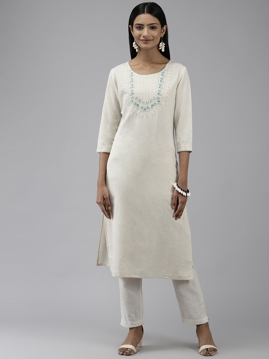 Women's White Yoke Design Thread Work Pastels Kurta - Yufta