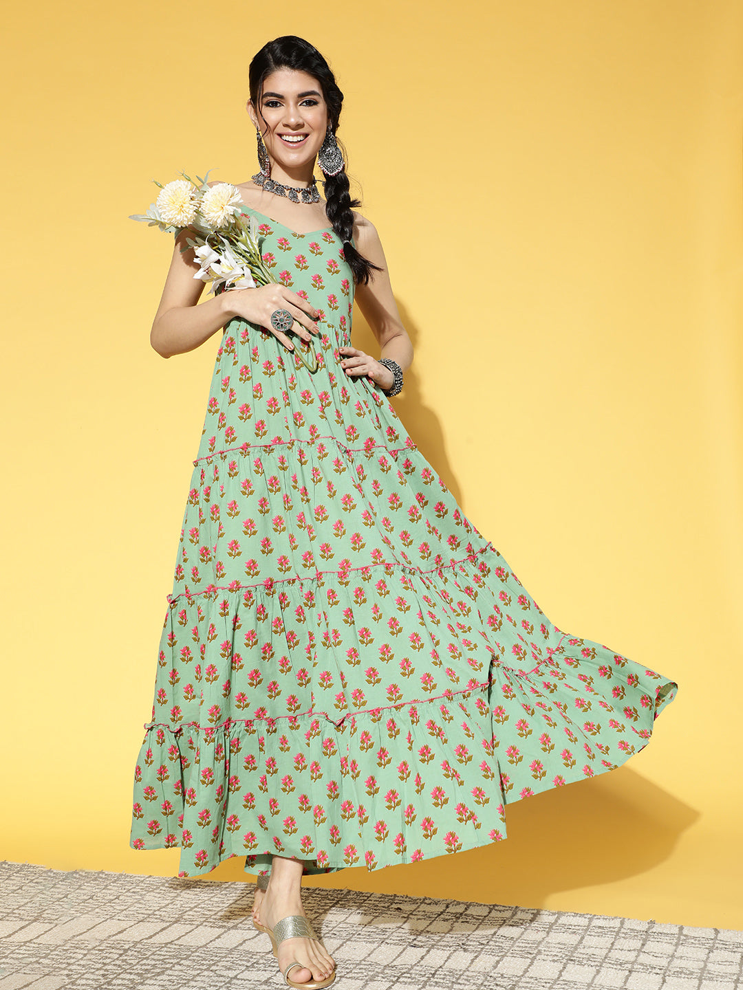 Women's Sage Green & Pink Floral Printed Pure Cotton Tiered Fit & Flare Dress - Yufta