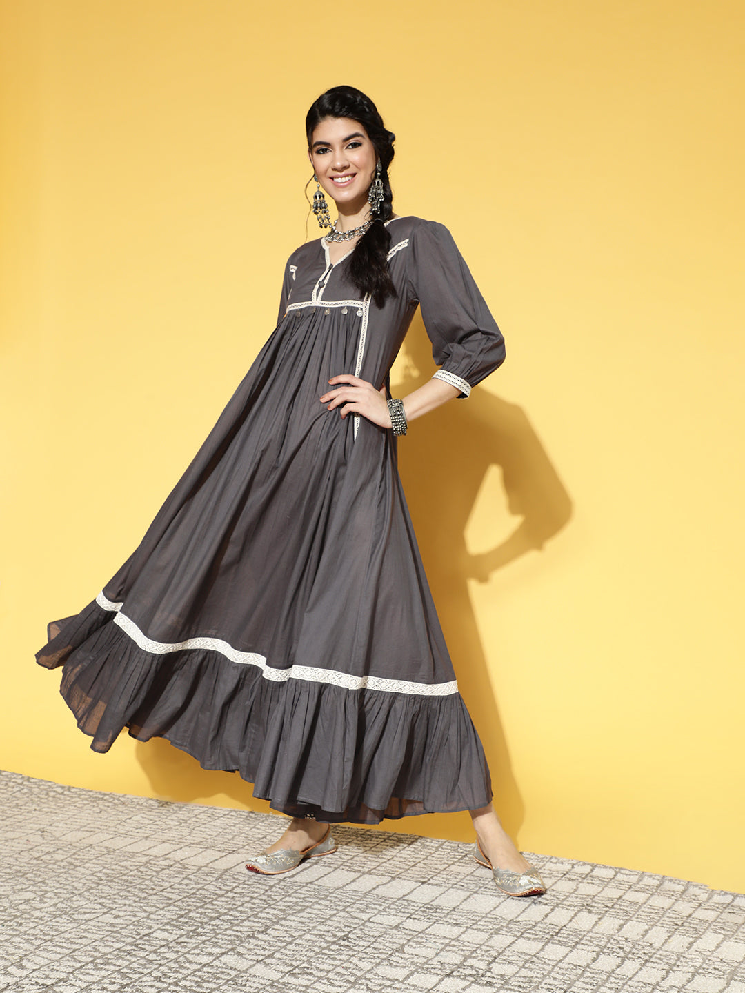 Women's Grey & White Ethnic Printed Pure Cotton Fit & Flare Dress With Lace Detailing - Yufta