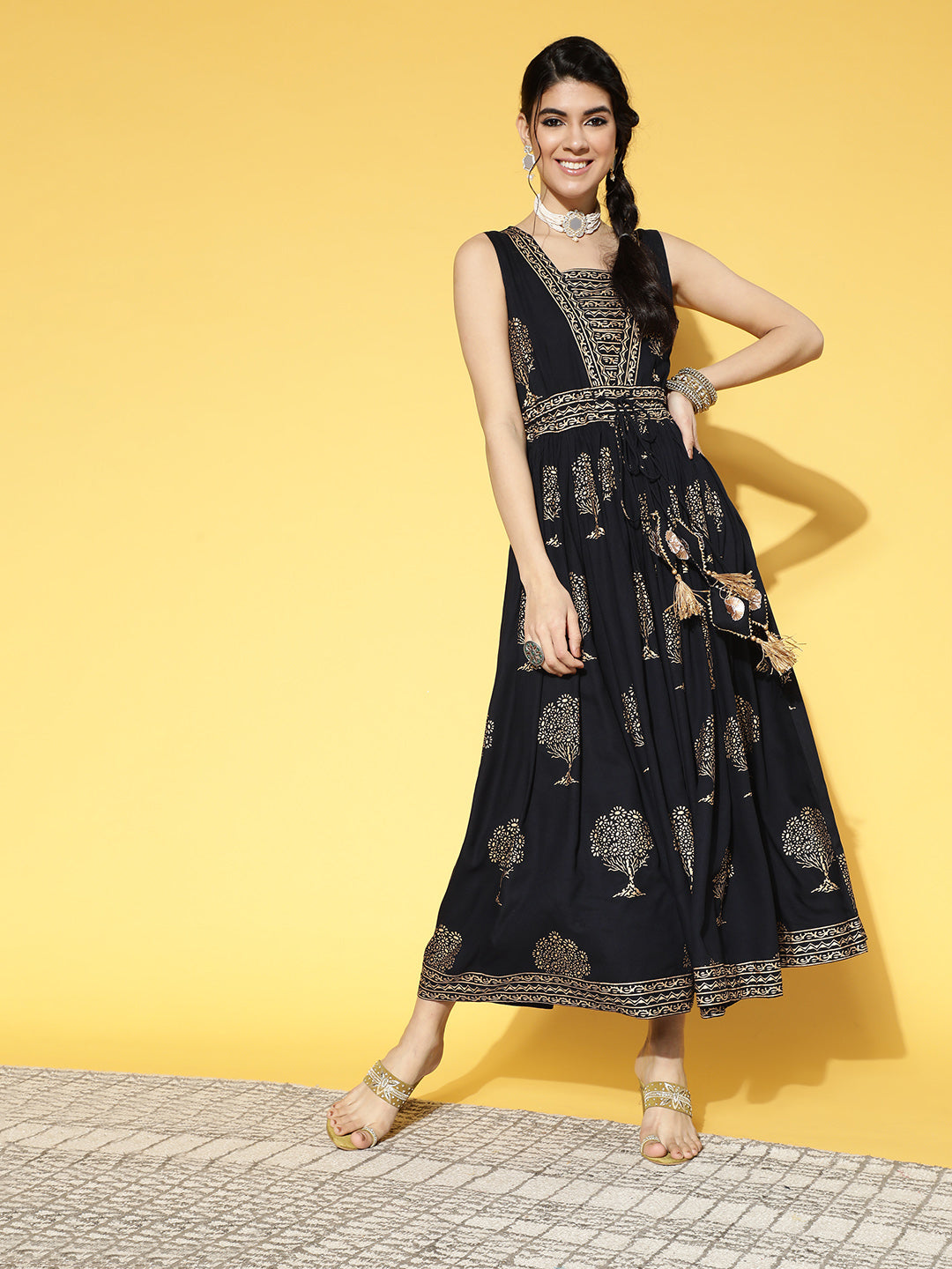 Women's Black & Beige Ethnic Motifs Printed Fit & Flare Dress - Yufta