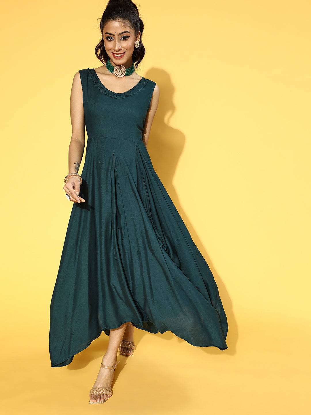 Women's Teal Green Solid Viscose Rayon Liva Maxi Dress - Yufta