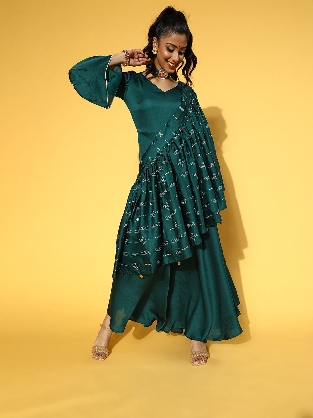 Women's Teal Green Solid V Neck Bell Sleeves Silk Satin Maxi Dress With Dupatta - Yufta