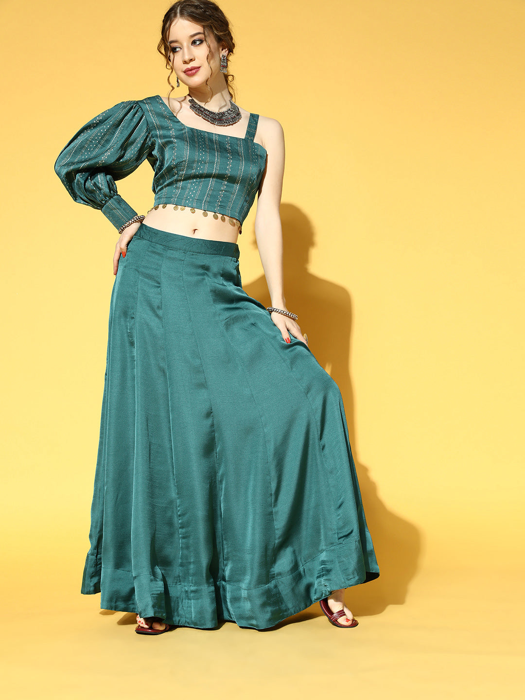 Women's Green & Beige Printed Top & Skirt - Yufta