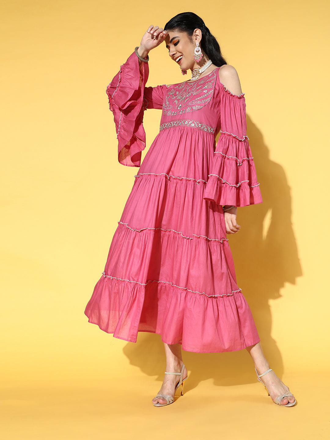 Women's Pink & Silver Cotton Ethnic Motifs Yoke Embroidered Midi Tiered Fit & Flare Dress - Yufta