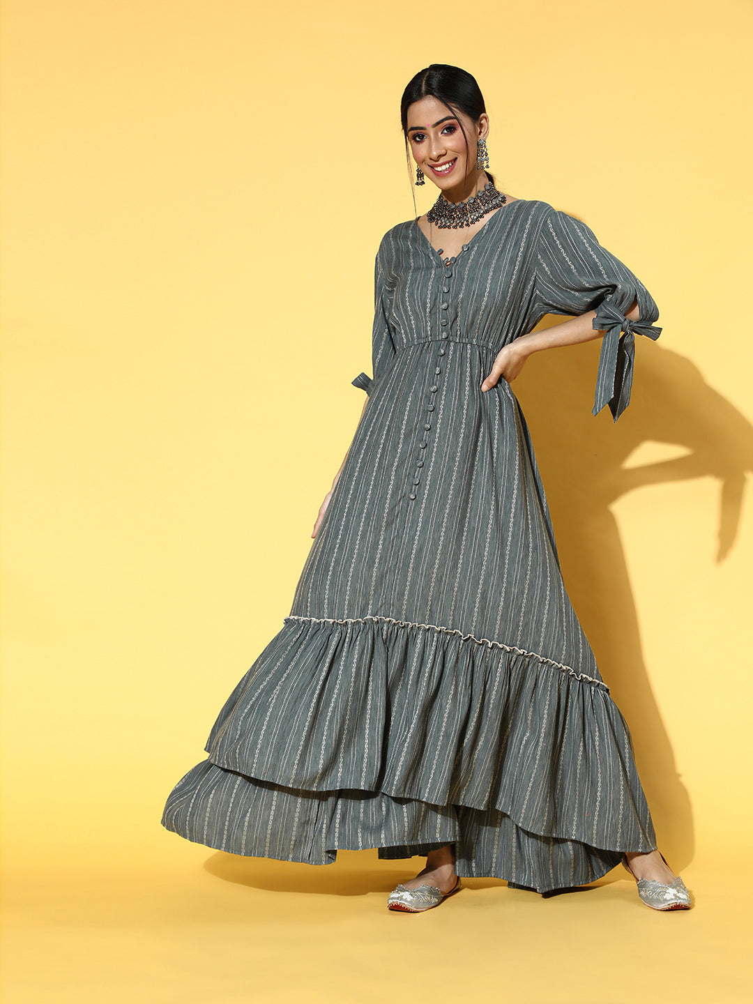 Women's Grey & Off White Cotton Striped Maxi Dress - Yufta