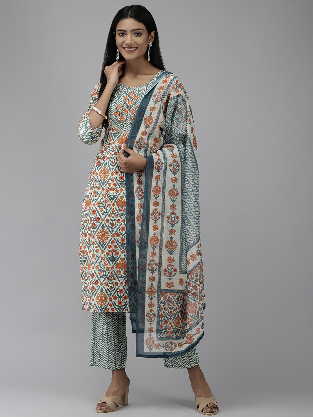 Women's Teal Ethnic Motifs Printed Pure Cotton Kurta With Palazzos & With Dupatta - Yufta