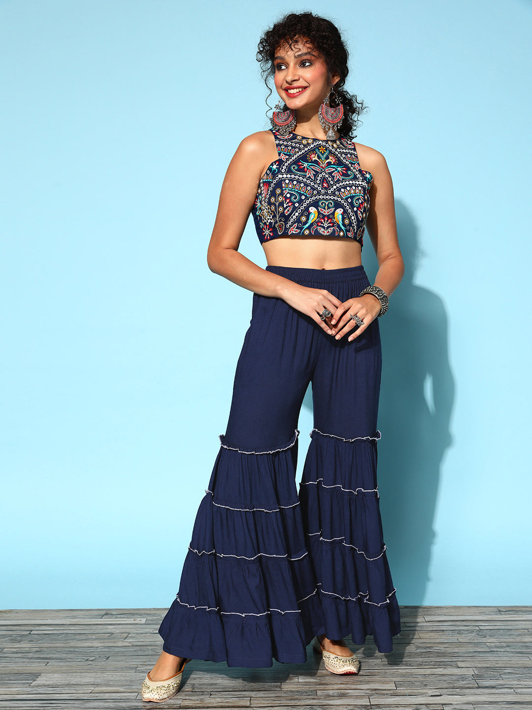 Women's Blue Embroidered Co Ord Set - Yufta