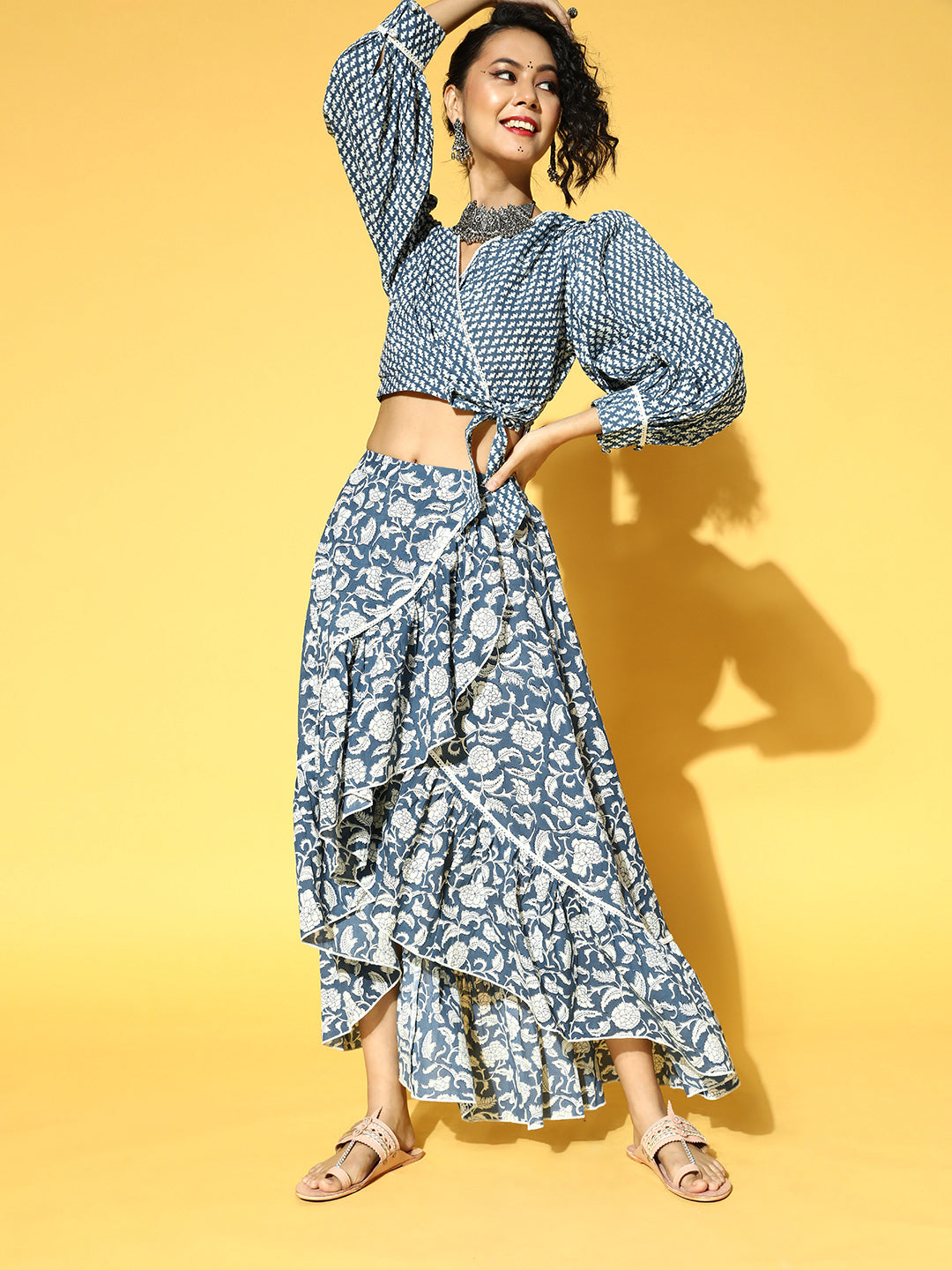 Women's Blue & White Printed Pure Cotton Top & Skirt - Yufta