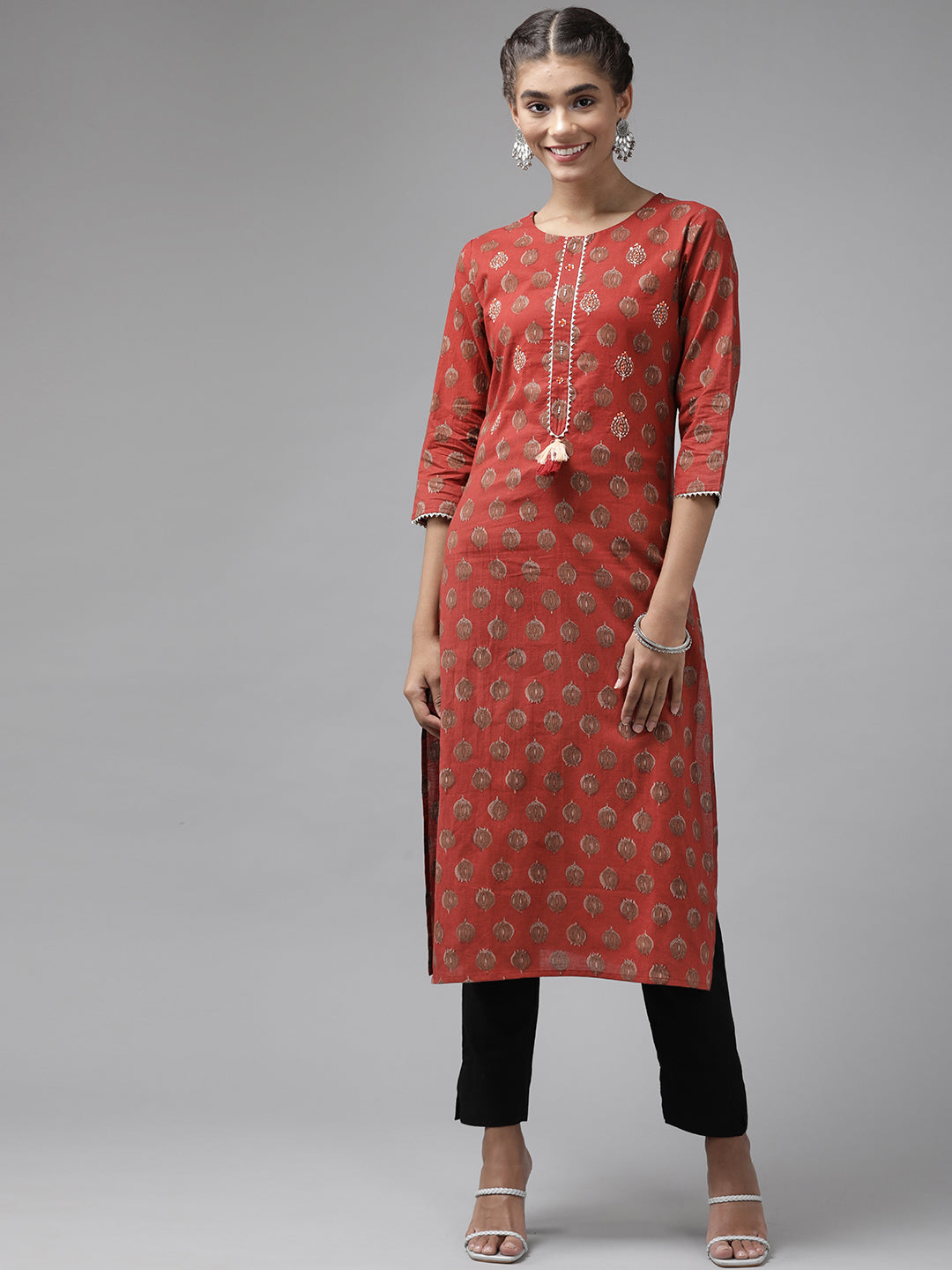 Women's Red Screen Print Cotton Sequience Work Kurta - Yufta