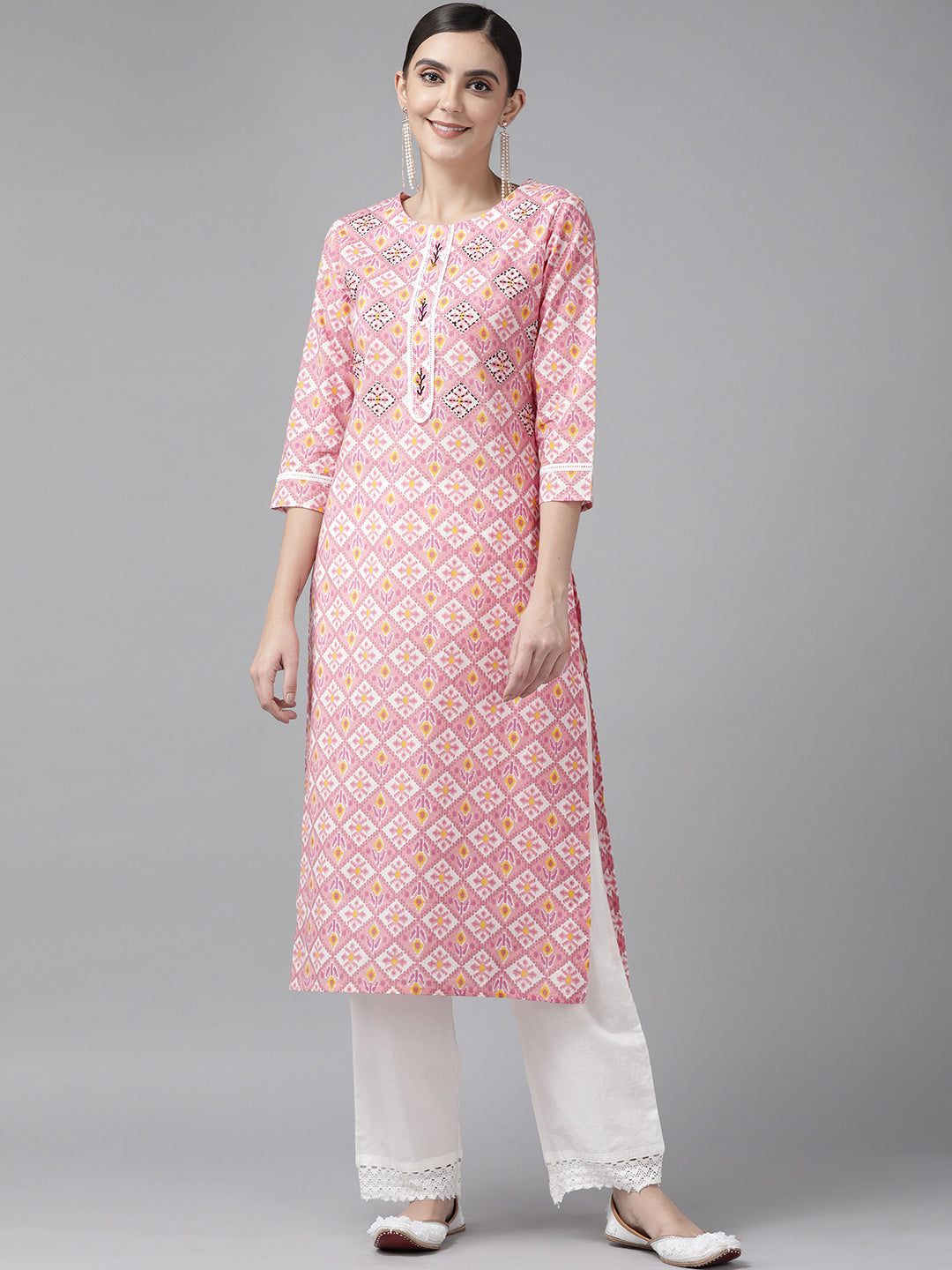 Women's Pink & Off White Pure Cotton Block Print Kantha Work Kurta - Yufta