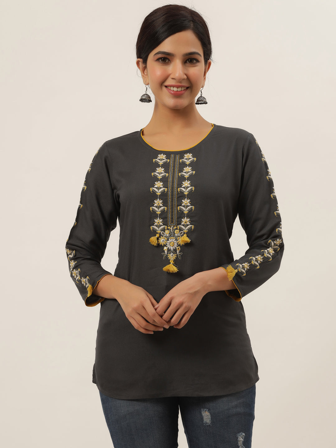 Women's Grey Solid Embroidery Raguler Top - Yufta