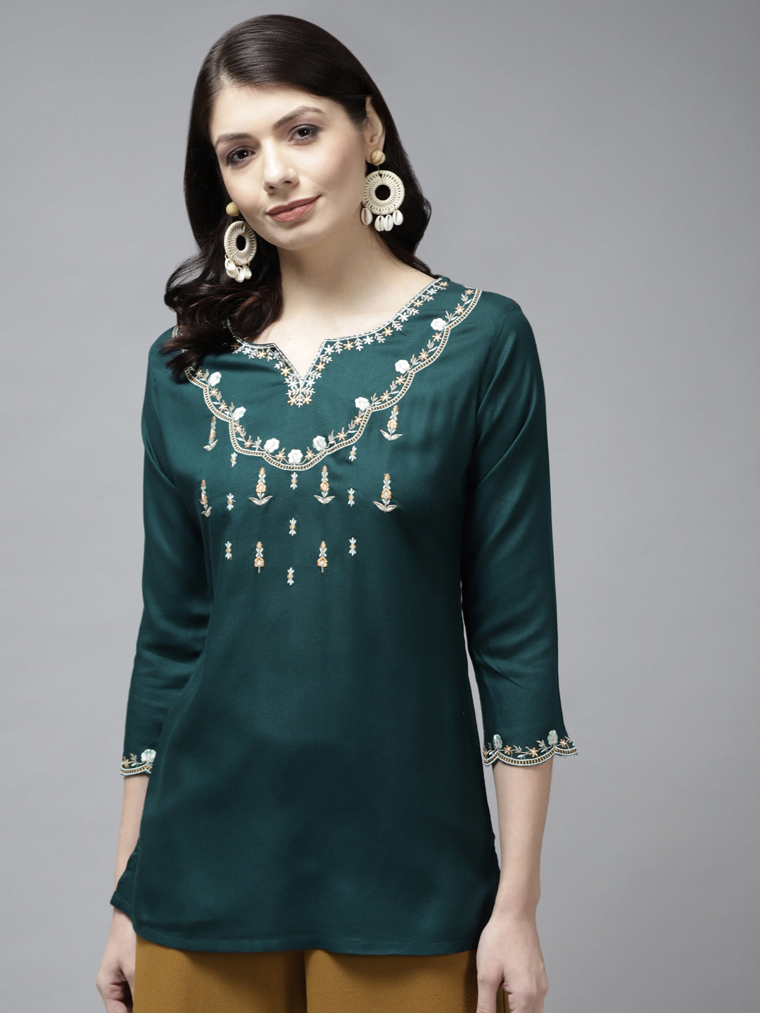 Women's Teal Green Solid Embroidery Raguler Top - Yufta