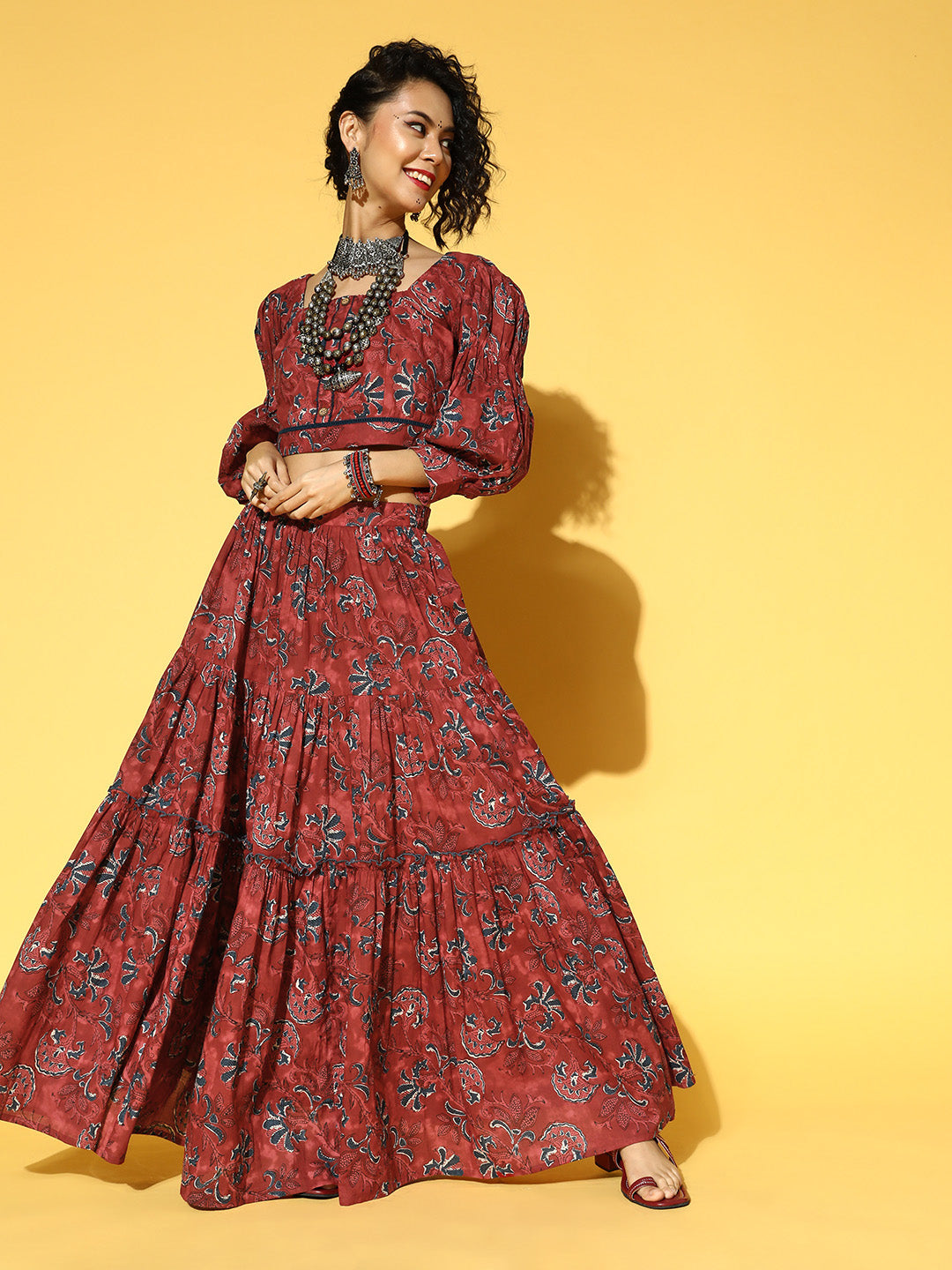 Women's Maroon & Navy Blue Printed Pure Cotton Top & Skirt - Yufta