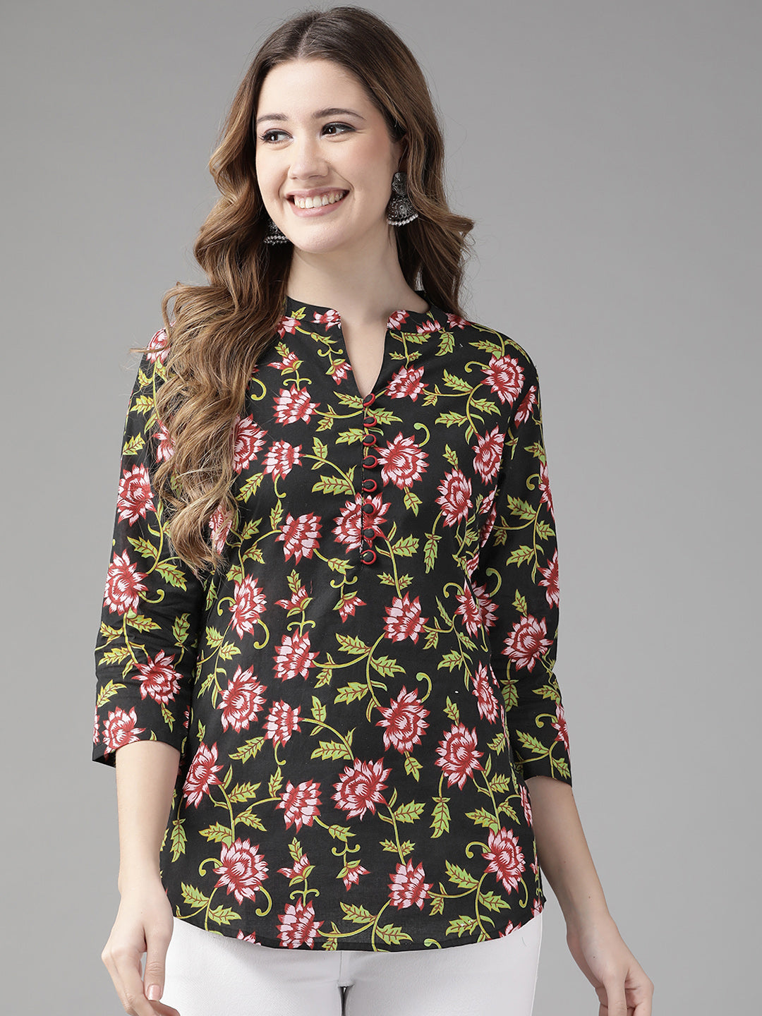 Women's Black & Pink Floral Print Mandarin Collar Cotton Top - Yufta