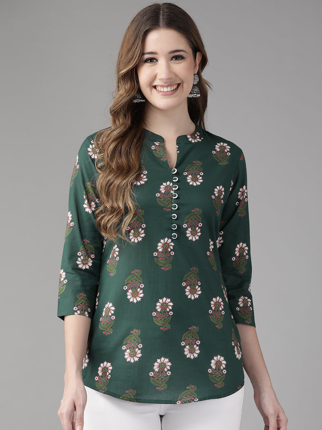 Women's Green Floral Print Mandarin Collar Cotton Top - Yufta