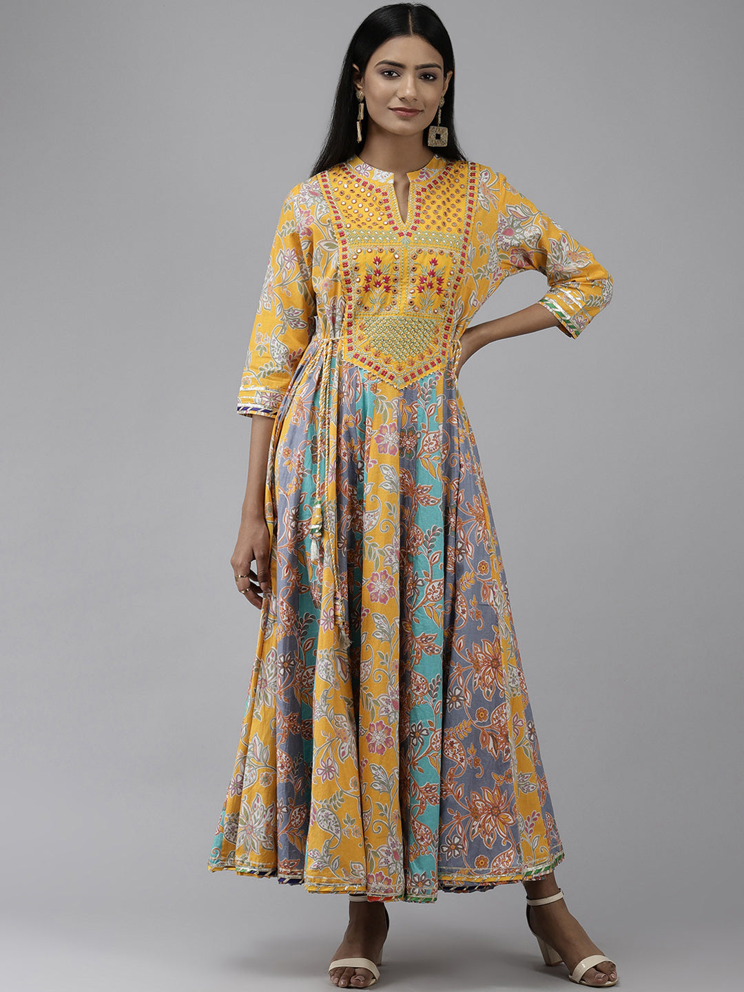 Women's Mustard Yellow & Multicoloured Ethnic Motifs Maxi Dress - Yufta