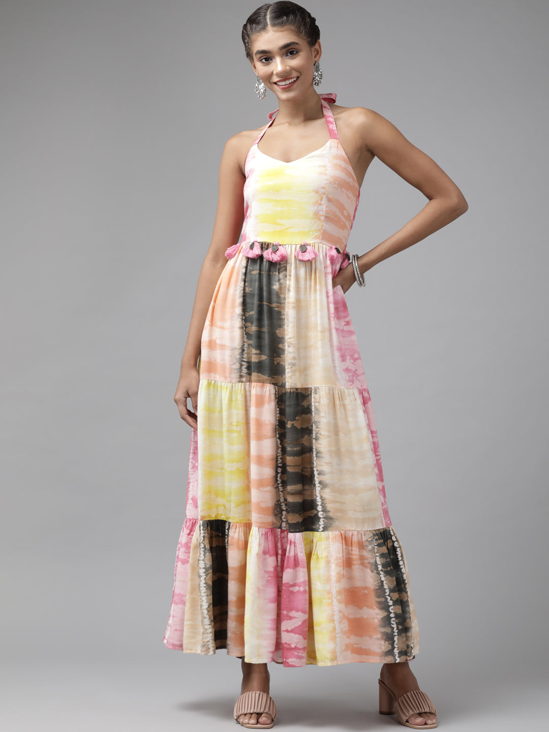 Women's Pink & Yellow Tie And Dye Dyed Halter Neck Ethnic Maxi Tiered Dress - Yufta