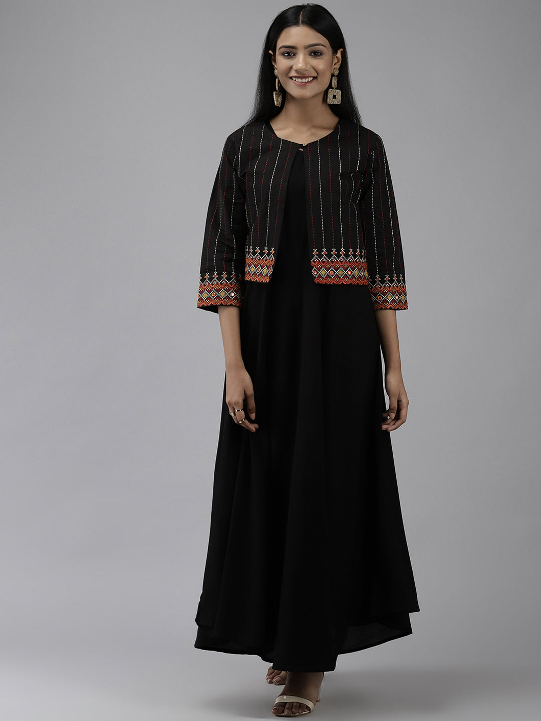 Women's Black Ethnic A-Line Maxi Dress With Jacket - Yufta