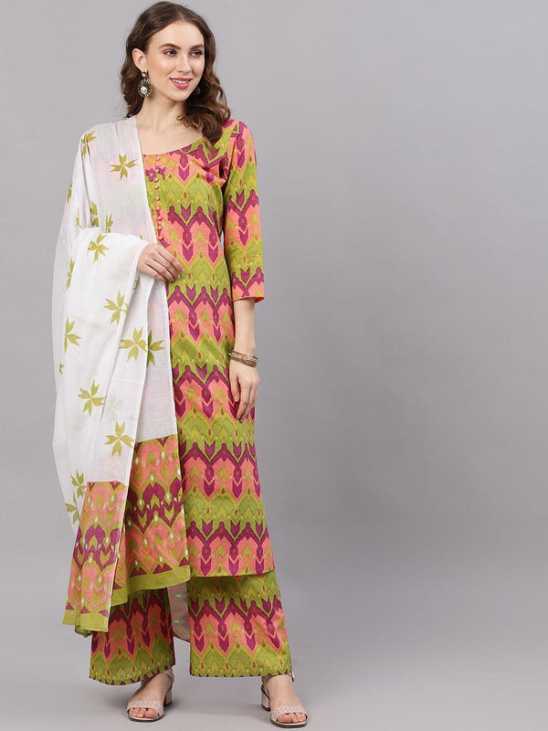 Women's  Green & Pink Ikat Printed Kurta with Palazzos & Dupatta - AKS