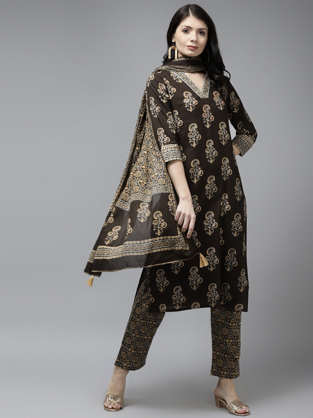 Women's Brown Hand Work On Yoke Cotton Kurta With Trouser & Dupatta - Yufta