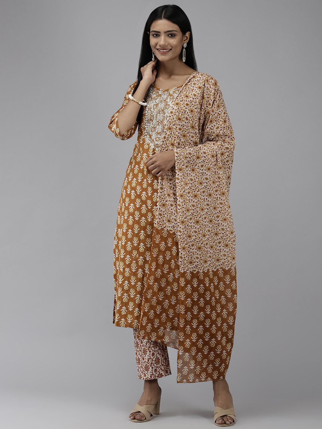 Women's Beige Ethnic Motifs Printed Pure Cotton Kurta With Palazzos & With Dupatta - Yufta