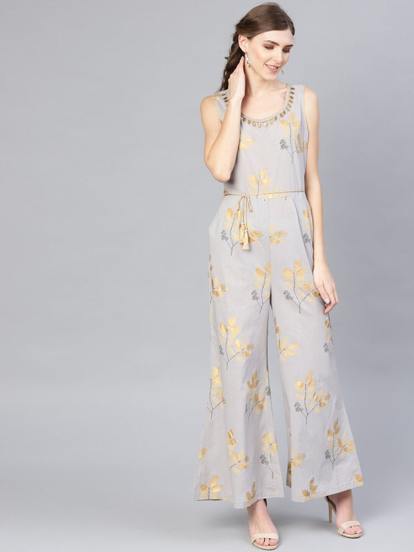 Women's  Grey & Golden Printed Basic Jumpsuit - AKS