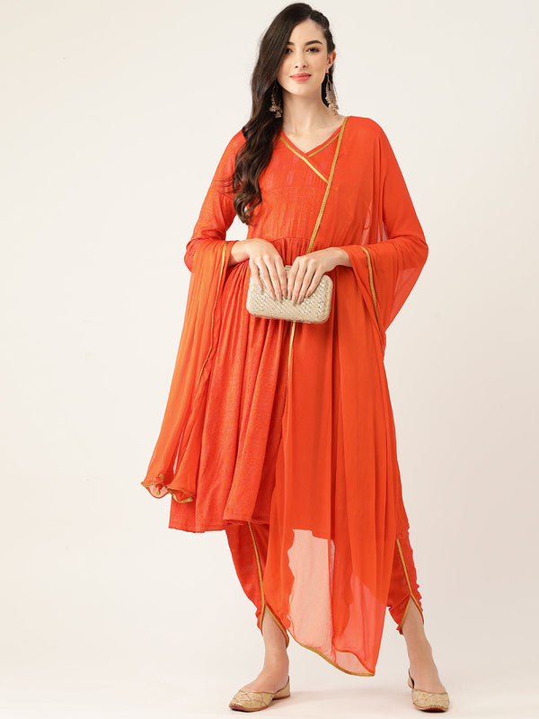 Women's Orange Color Rayon Blend Printed Kurta Dhoti With Dupatta - VAABA