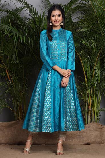 Teal Chanderi Embellished Layered Anarkali Kurta - Juniper