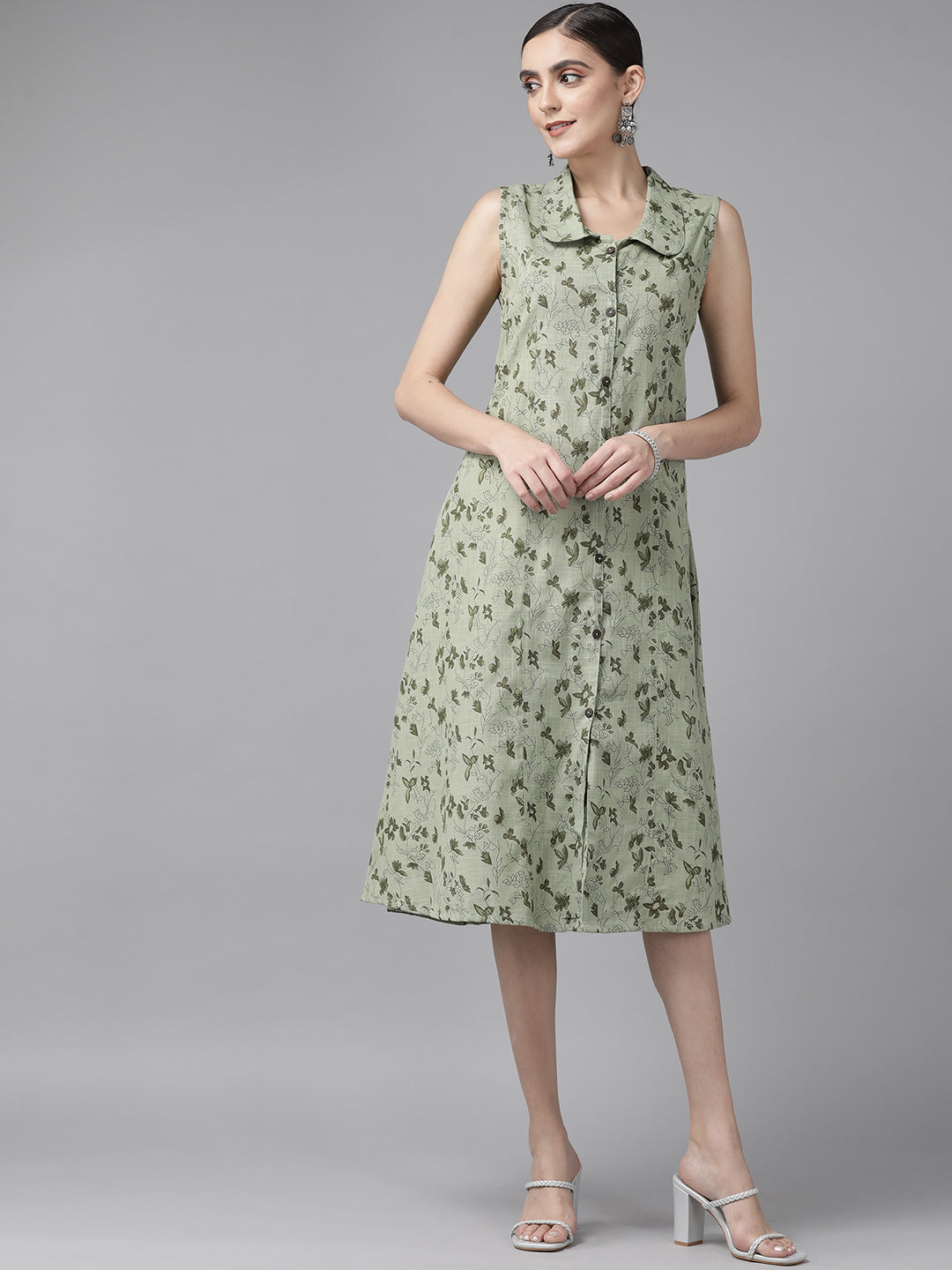 Women's Olive Printed Cotton Sulb A Line Dress - Yufta