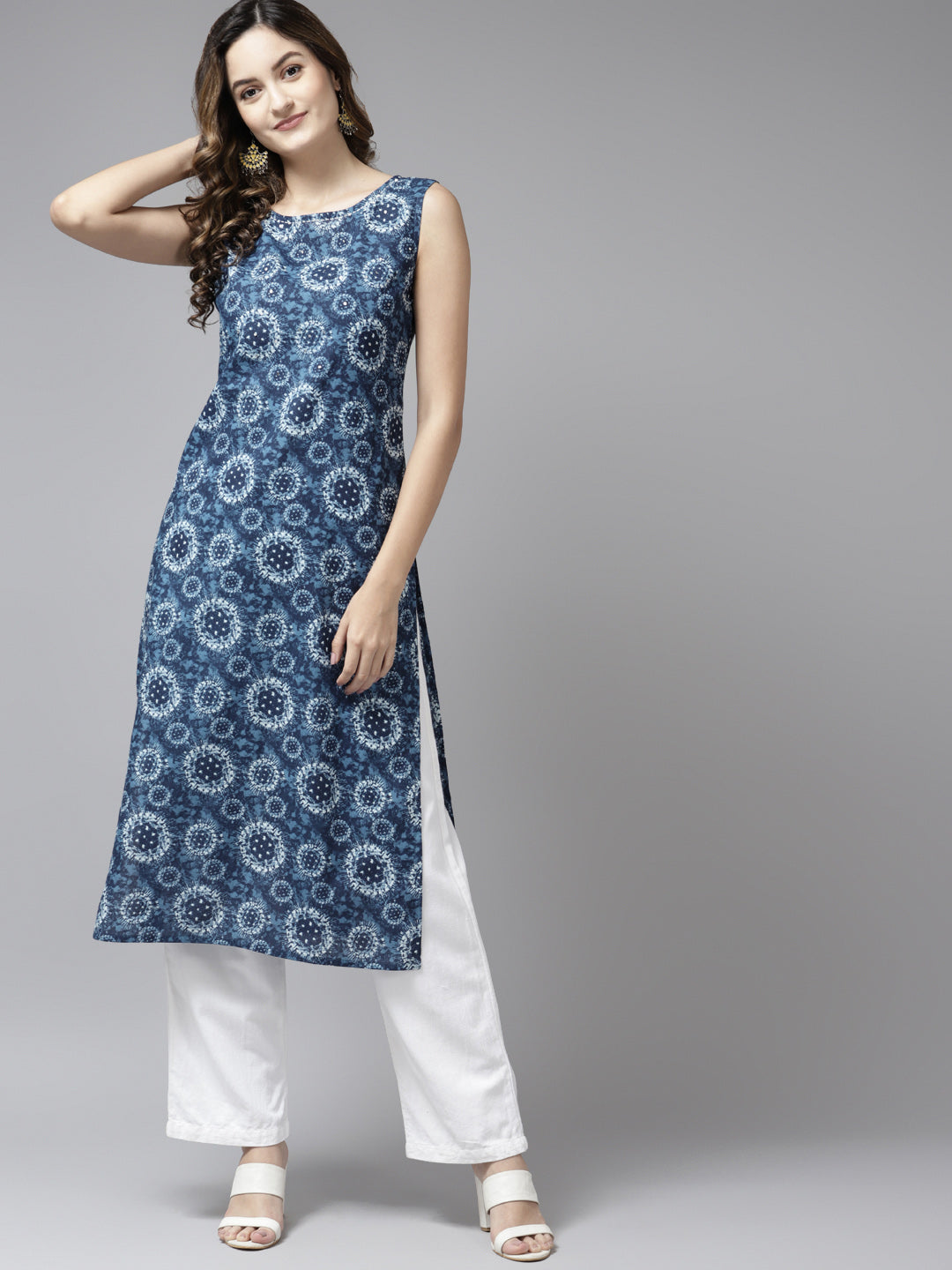 Women's Blue Pure Cotton Printed Kurta - Yufta