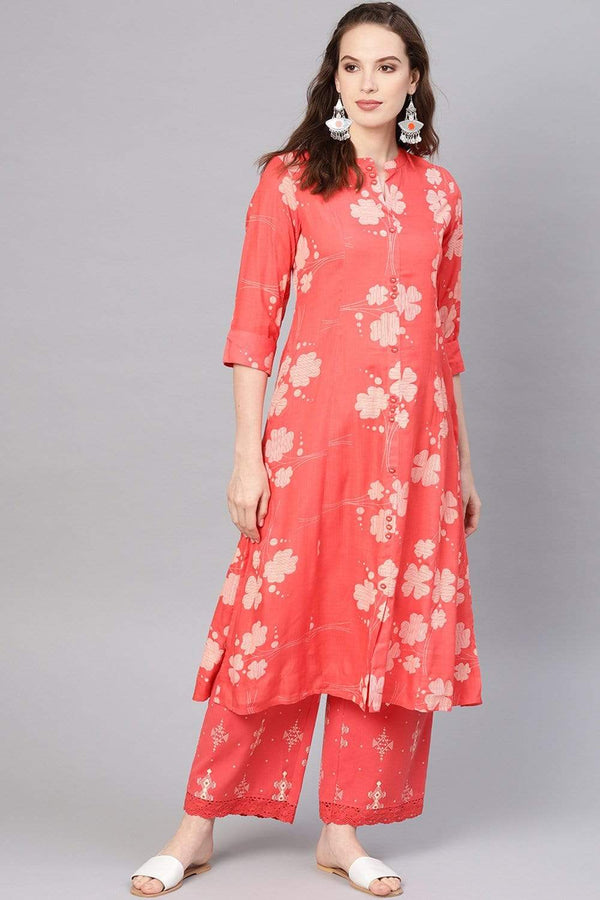 Women's Coral Rayon Printed A-Line Kurta Palazzo Set - Juniper