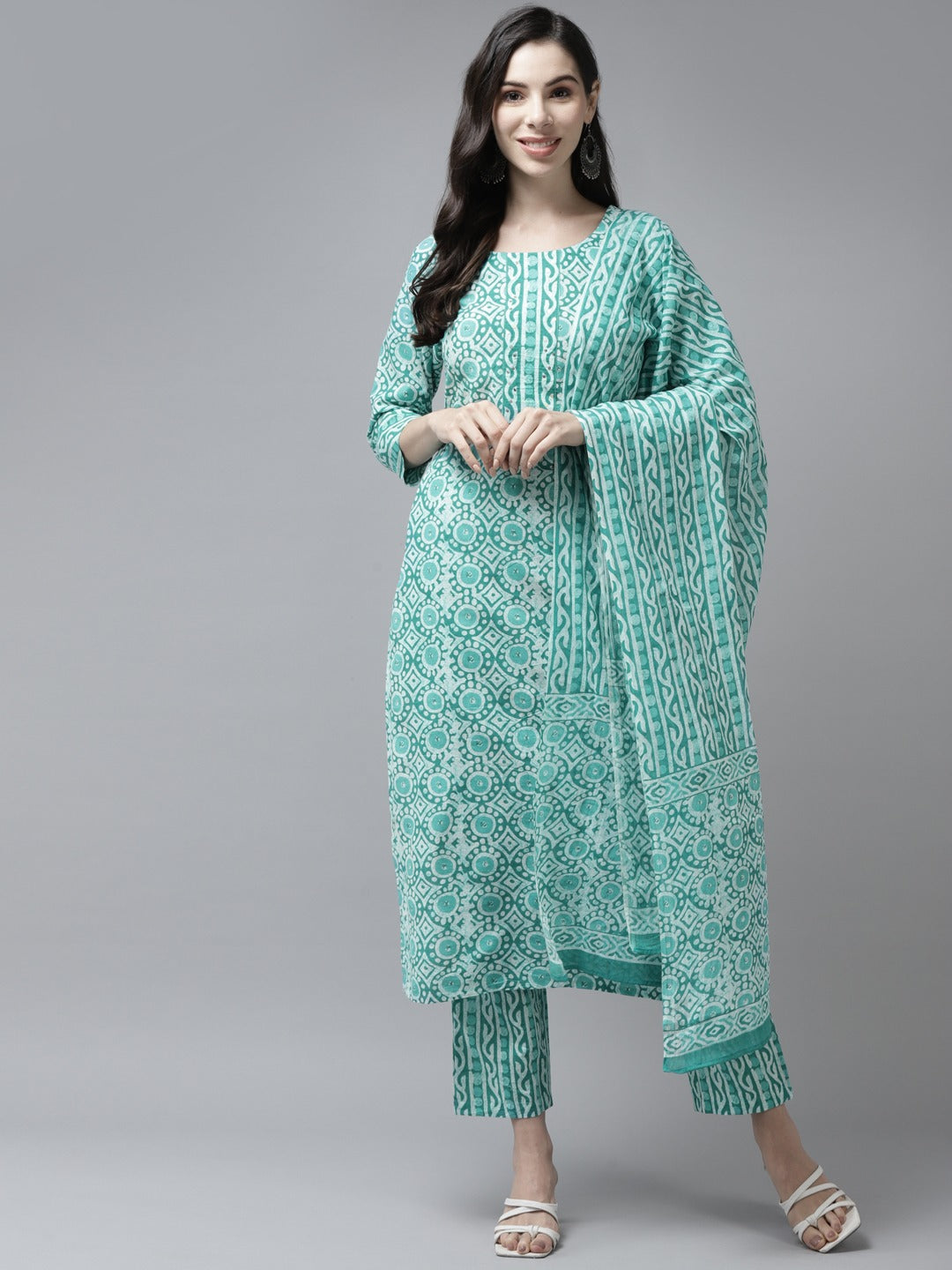 Women's Sea Green Cotton Printed Kurta With Palazzo & Dupatta - Yufta