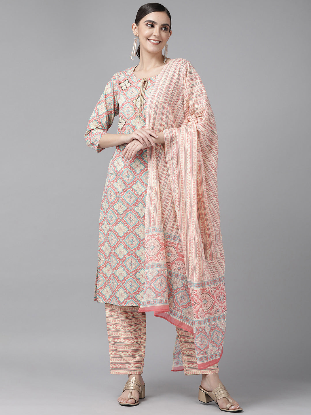 Women's Peach-Pure Cotton Block Print Kurta With Palazzos & Dupatta - Yufta