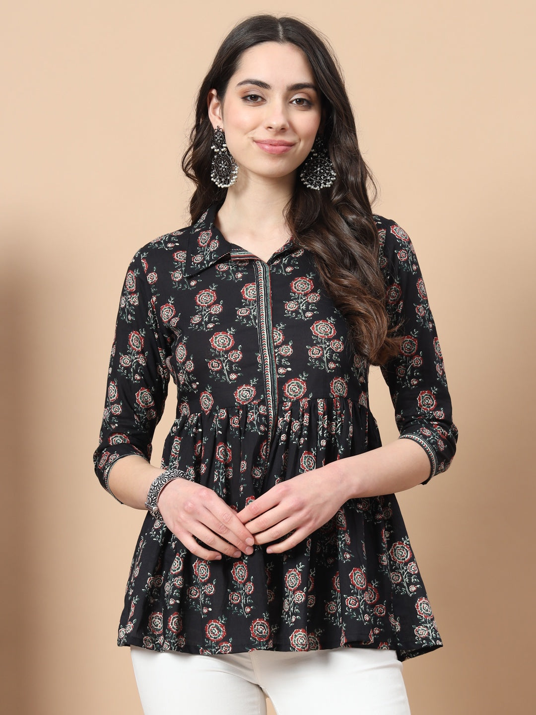 Women's Black Cotton Floral Print Peplum Top - Yufta