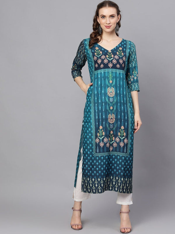 Women's  Blue Printed Anarkali Kurta - AKS