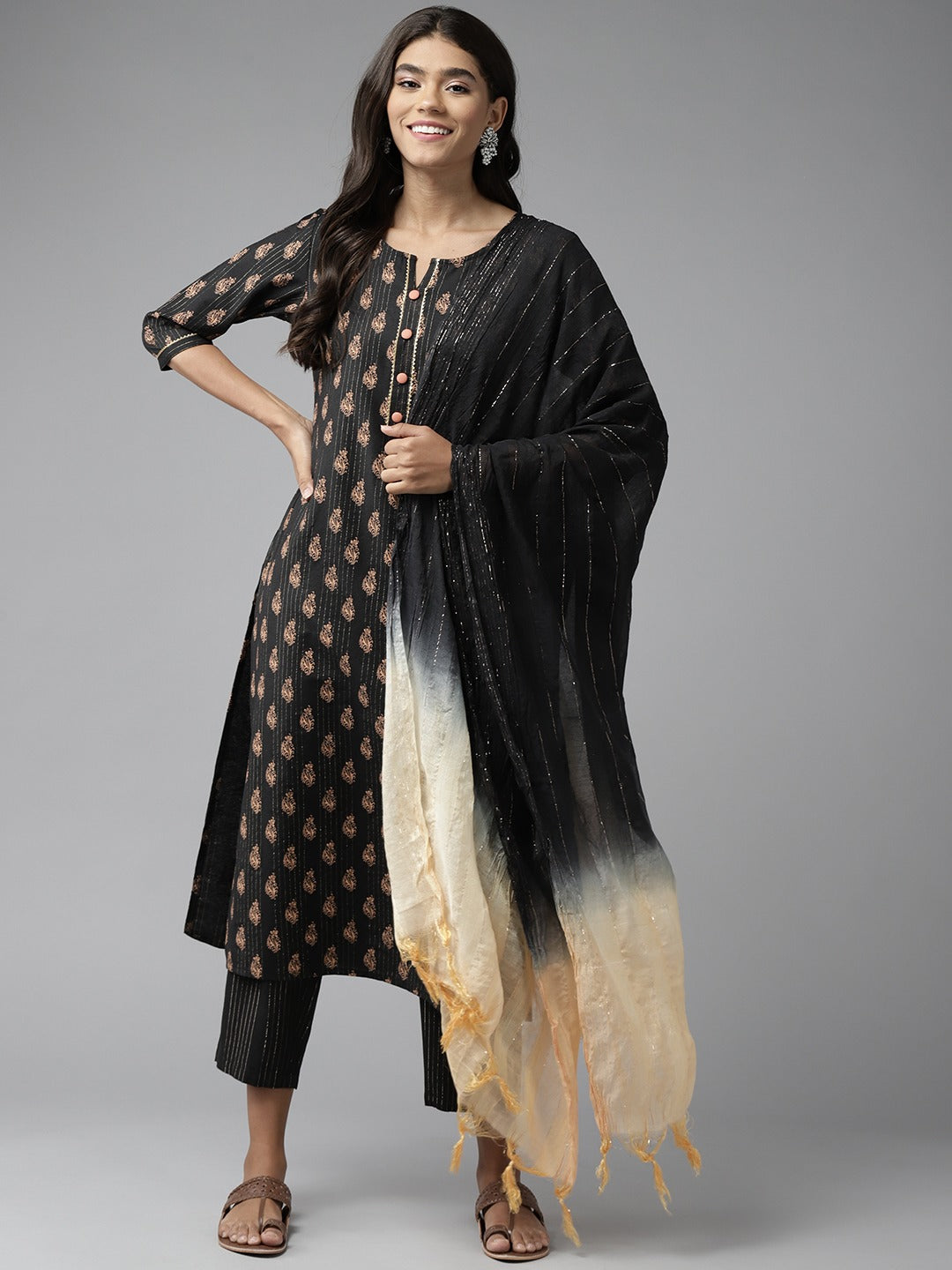 Women's Black Bijia Lace Cotton Lurex Kurta With Palazzos & With Dupatta - Yufta