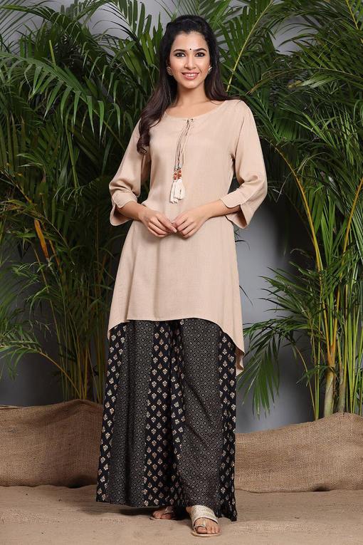 Beige Rayon Slub Solid Asymmetric Kurta - Juniper