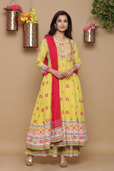 Mustard Cambric Printed Anarkali Kurta With Dupatta - Juniper